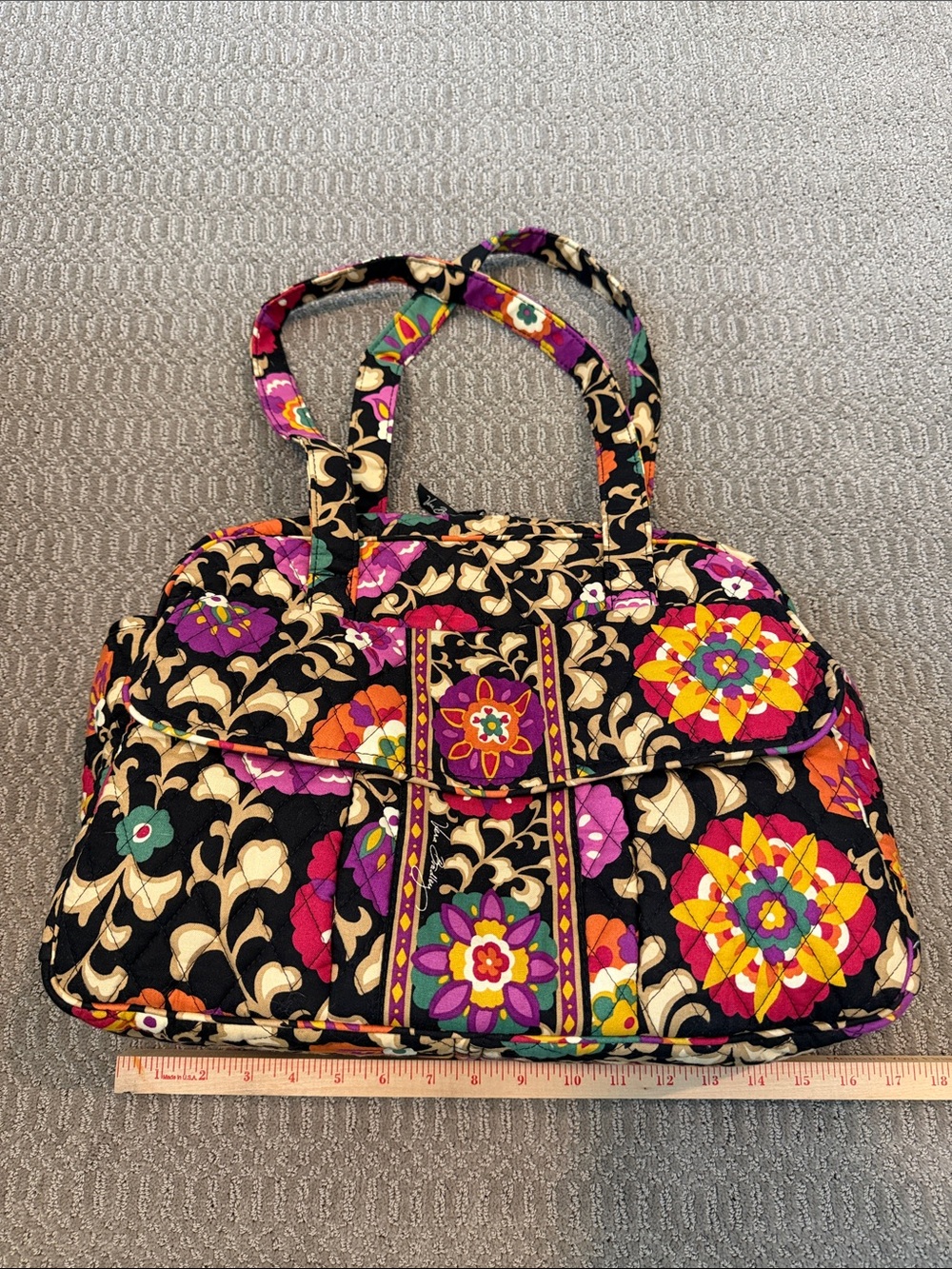 “SUZANI” Vera Bradley Black Quilted Diaper Bag Tote with Bright Floral Patchwork
